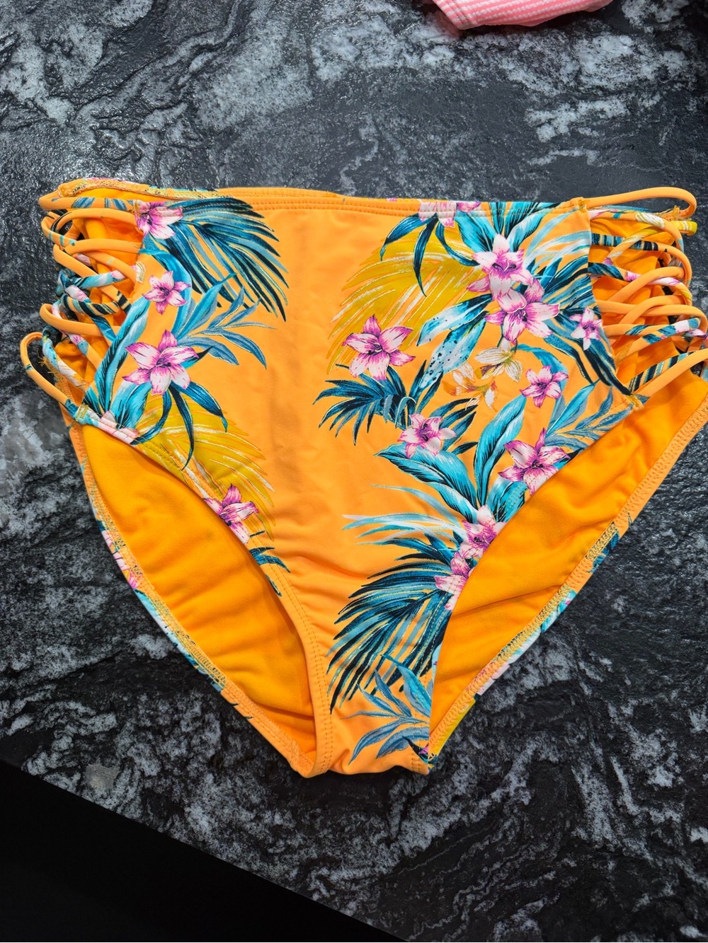 Ambrielle Orange Tropical High-Waist Swim Bottoms with Side Lattice